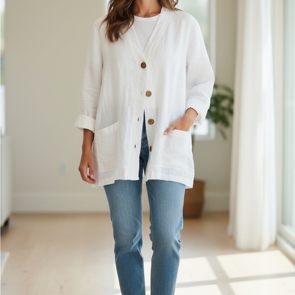 Fabulous Jackets & Blazers - Fabulous New York White Button-Up Linen Cardigan